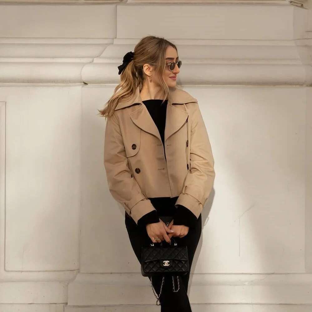Ladies Vintage Cropped Trench Spring Autumn Jacket Women Streetwear Double Breasted Long Sleeve Top Female Chic Coat Outfits