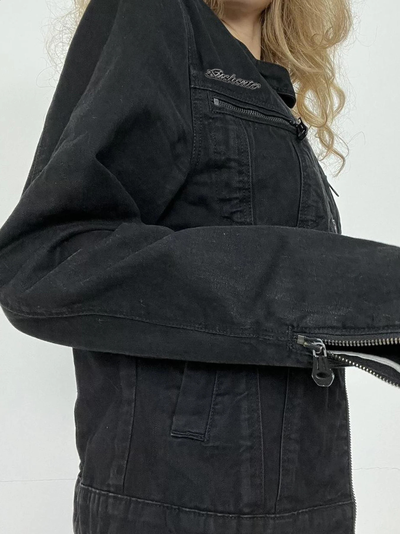 Rockmore Streetwear Double Zipper Denim Jacket Solid Retro Long Sleeve Harajuku Product Style Womens 250319