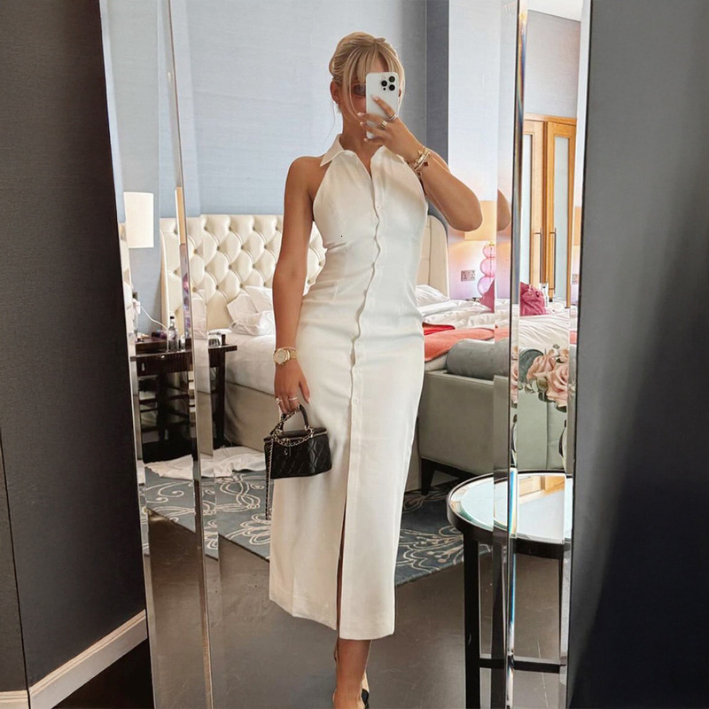 Fashionable and simple slit long dress, summer 2025 new item, lapel sleeveless dress for women