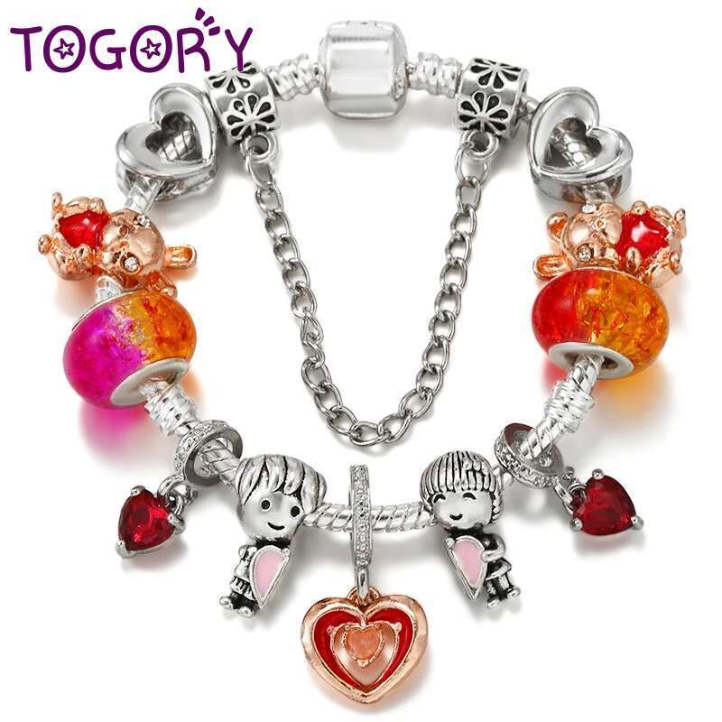 Silver Plated Charm Bracelet With Boy Girl Beads Bracelets Bangle For Women Men Valentine's Day DIY Jewelry Special Offer