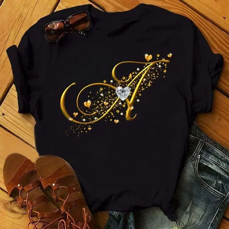 A letter combination T-shirt with a custom name suitable for short sleeved womens clothing with gold diamond letter font ABCDEF 250320