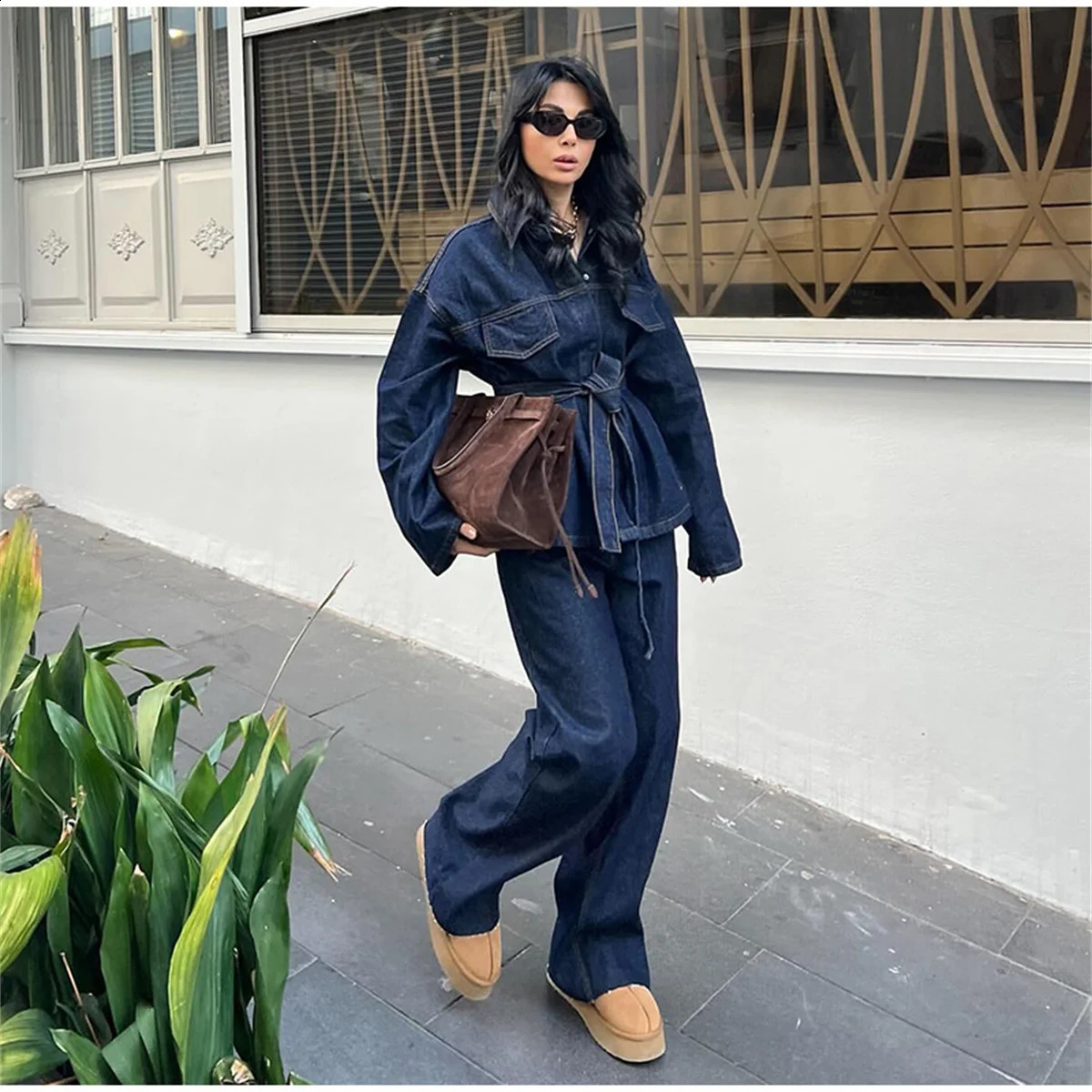 Retro belt denim jacket pants set womens lapel single chest pocket straight jeans 2025 spring streetwear 250319