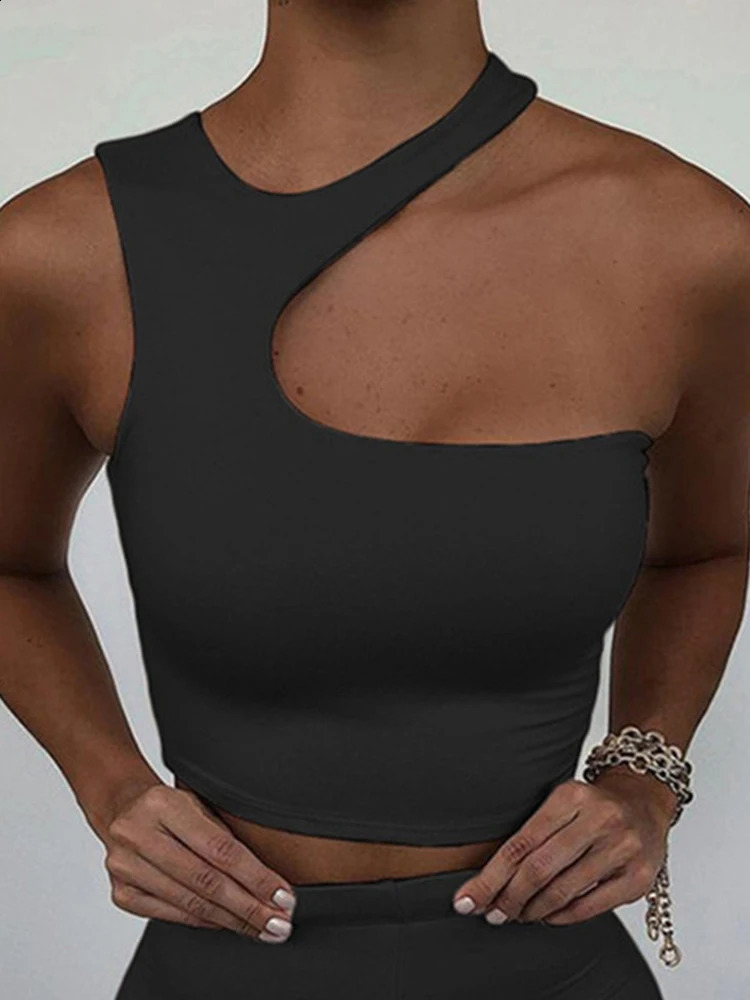 Cut Out sexy cut shoulder solid tight sports short top for womens tank irregular summer tube 250319