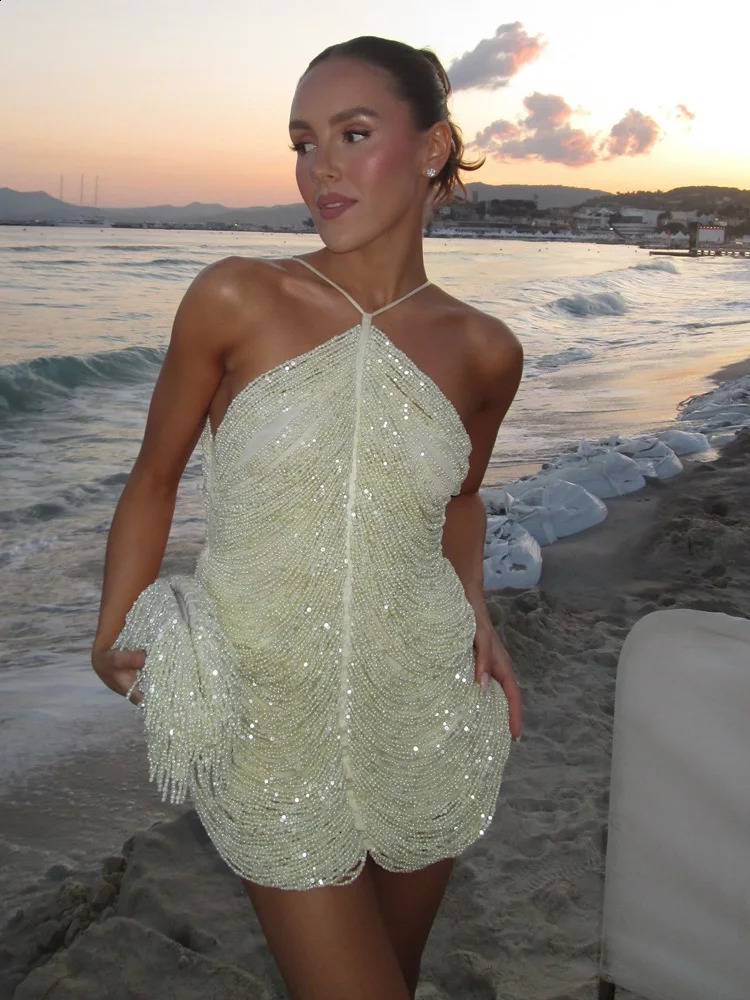 Beyprern Glamorous Halter Neck Details Sequin Bodycon Mini Dress Glitter Pearls Birthday Party Dresses Year 250317