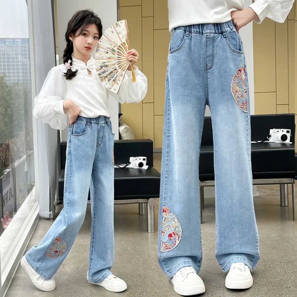Sports pants teenage jeans autumn fashion casual streetwear spring fairy childrens clothing girls pants childrens clothing wide legsT250326