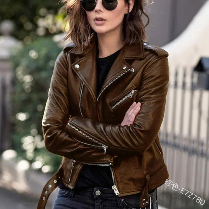 Womens leather jacket womens short slim fit bicycle winter autumn 250319