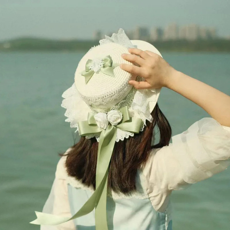 Lolita Straw Hat Mori Sweet Bow French Girl Flower Sun Hat Lolita Flat Hats 250320
