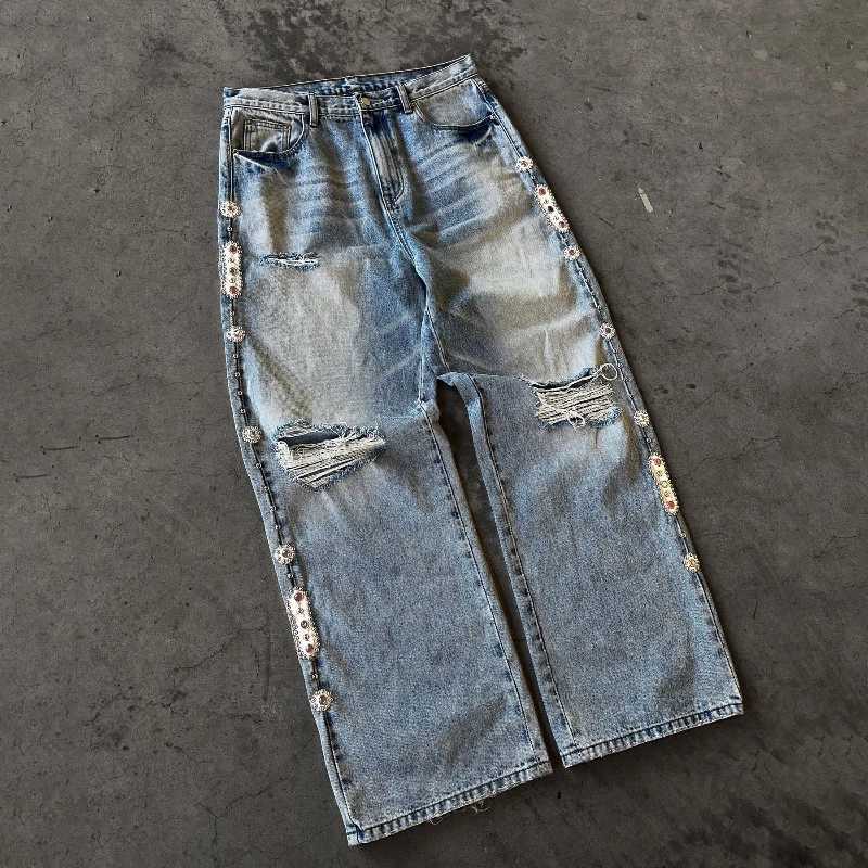 Baggy Embeddished Jeans Y2K high-quality 20 ounce fashionable mens and street womens clothing Harajuku retro high street straight Distressed JeansT250