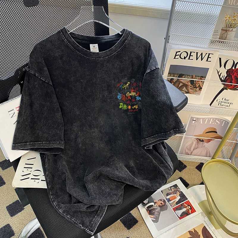 American style retro color letter printed womens T-shirt 2024 new summer trend washed black top Harajuku handsome street T-shirtT250320