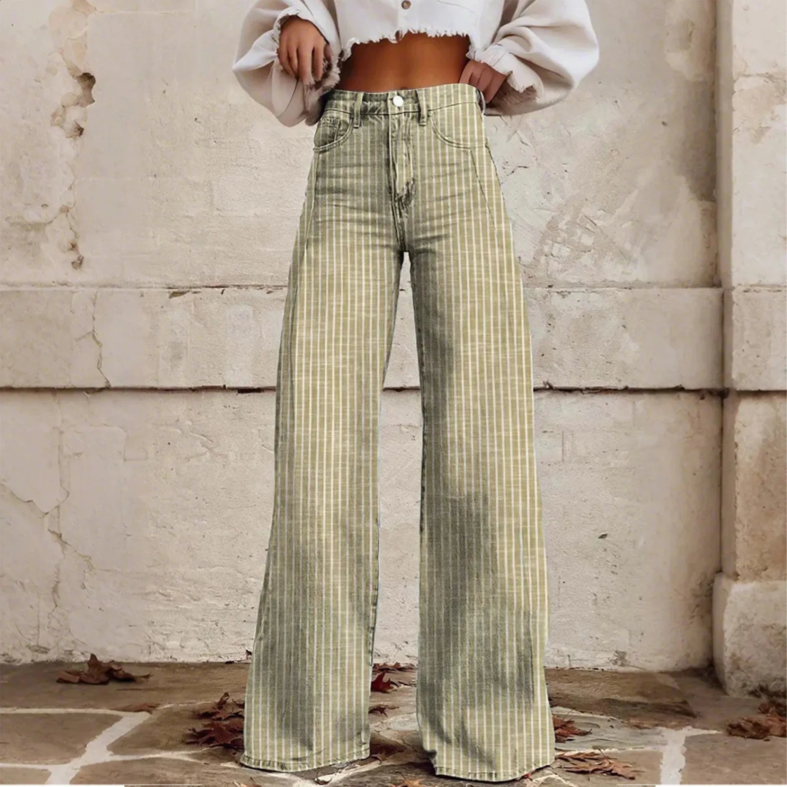 Women Bootcut Jeans Fashion Trendy Color Striped Wide Leg Straight Leg Mopping Pants Casual Street Style All-Match Denim Pants 250319
