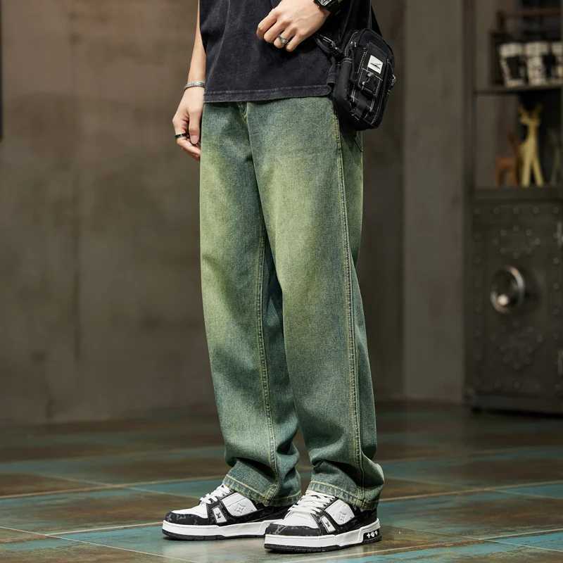 College boy loose casual pants retro blue street fashion patchwork jeans hiking wide leg pocket jeans brand mens clothingT250319