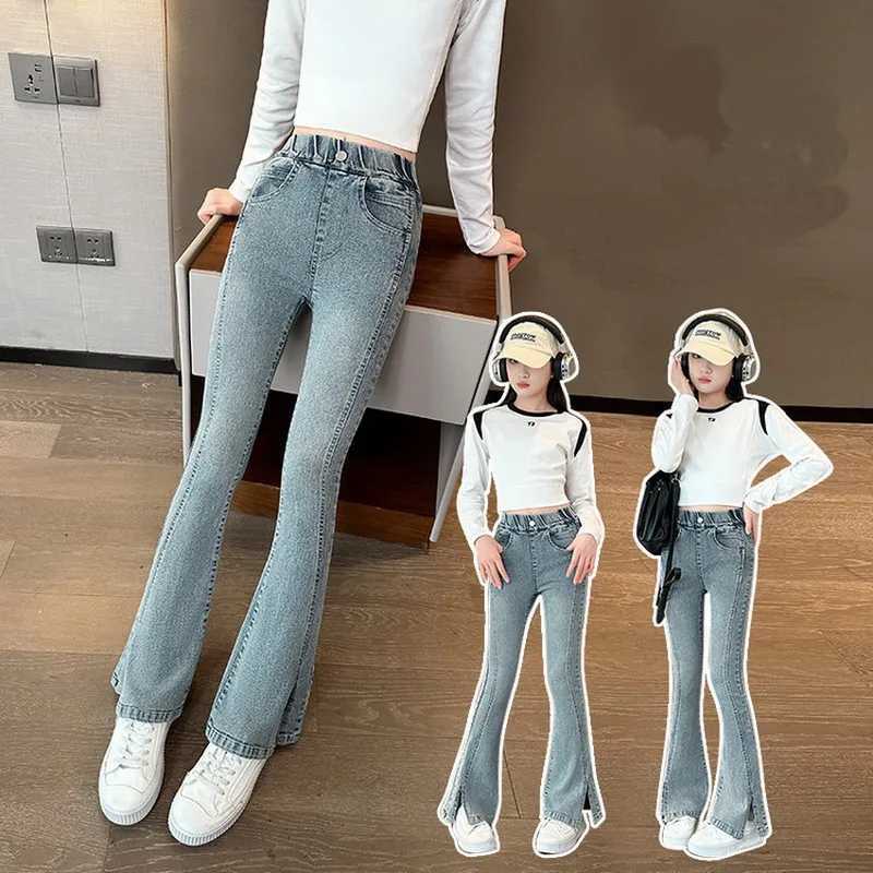 New Arrived Korean Child Flare Jeans with Slits For Girls Retro Blue Boot Cut Denim Pants Kids Teenager Classic Jeans TrousersT250326