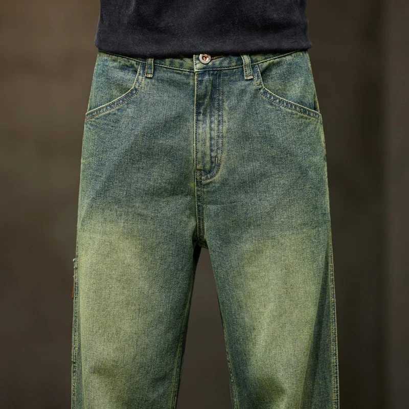 College boy loose casual pants retro blue street fashion patchwork jeans hiking wide leg pocket jeans brand mens clothingT250319