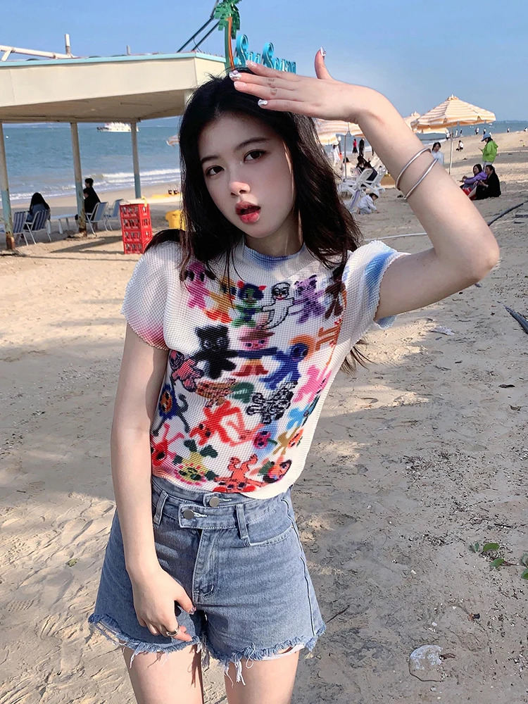 Womens T shirt Harajuku Korean Y2k Graphic Print Short Sleeve Tee Top Clothes Fashion Vintage Streetwear O-Neck T-shirts Summer 250320