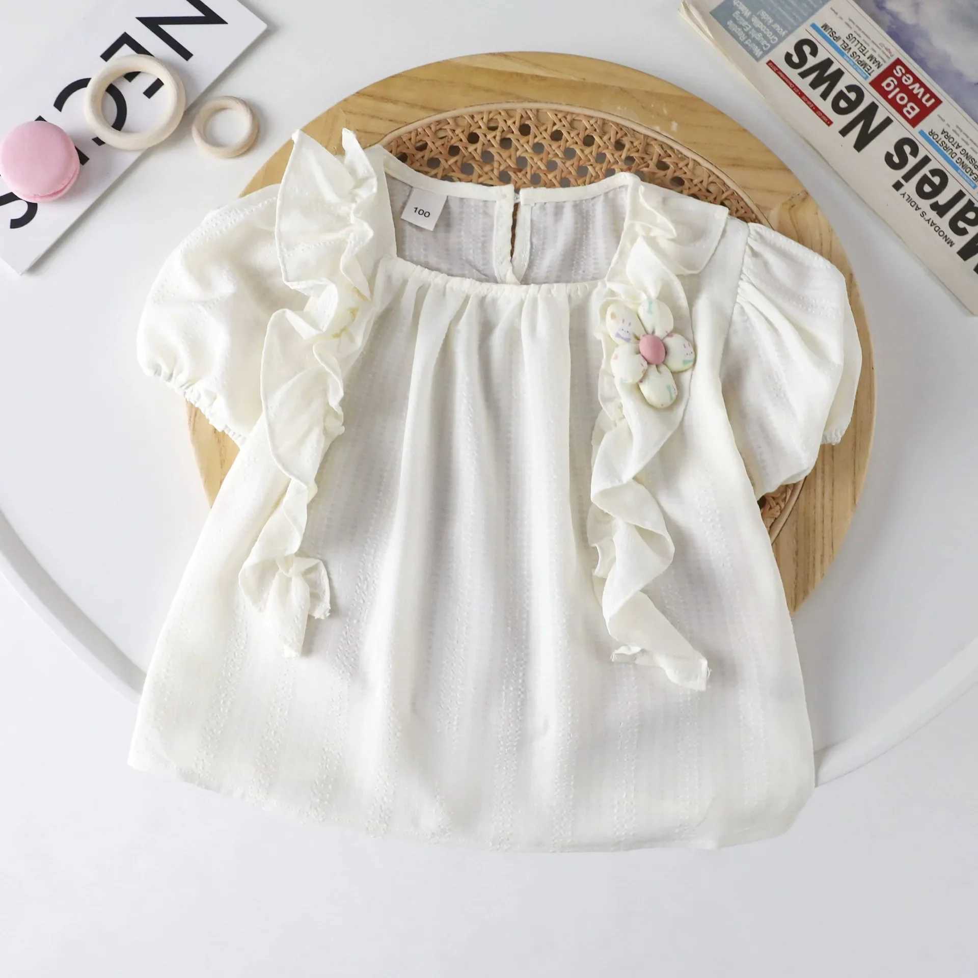 Baby Girls Blouses 2024 Summer Kids Flower Top Tees Childrens Puff T-shirt 1 to 6 Years Old Childrens Clothing PrincessT250320