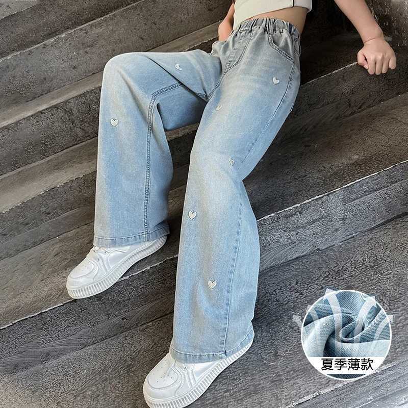 2024 Teen Girls Wide Leg Jeans Children Girls Heart Embroidered Denim Pants Childrens Jackets Pants Girls Clothing 4-12 YearsT250326