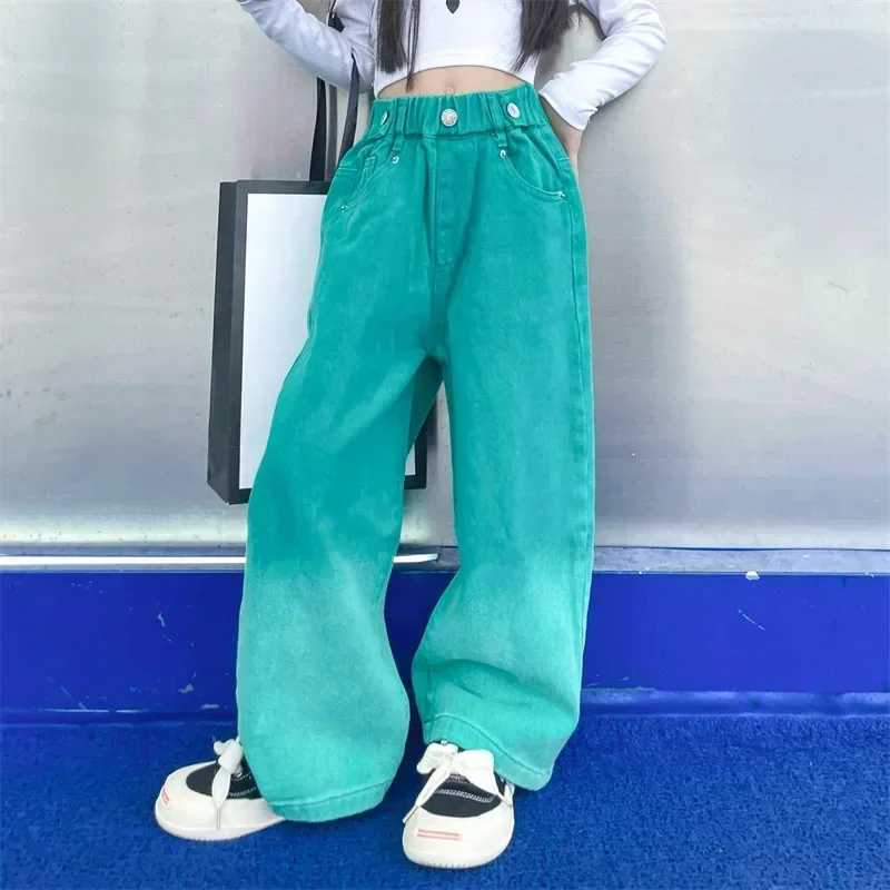 Girls jeans spring and autumn candy colors fashionable gradient wide leg pants childrens clothingT250326