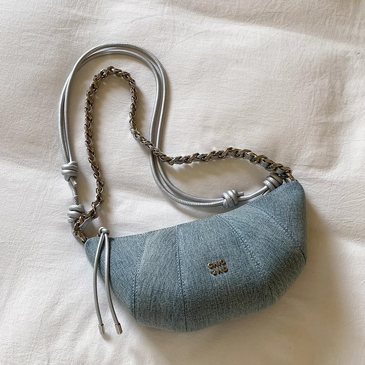 Zurich Street Corner Crescent Bag, Niche Denim Blue Shoulder Crossbody Bag, Women's Horn Bag