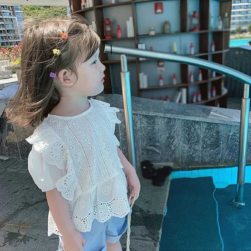 Summer girls clothing hollow round neck bubble sleeves short sleeves lace hollow breathable shirt childrens topT250320