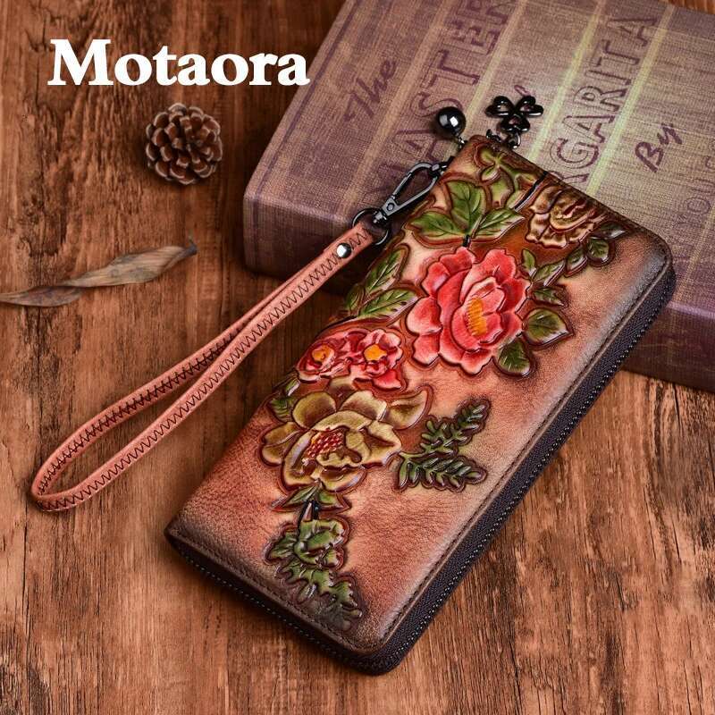 MOTAORA Women's Vintage Wallet Female Long Genuine Leather New Handmade Eming Woman's Wallets And Purses Card Holder