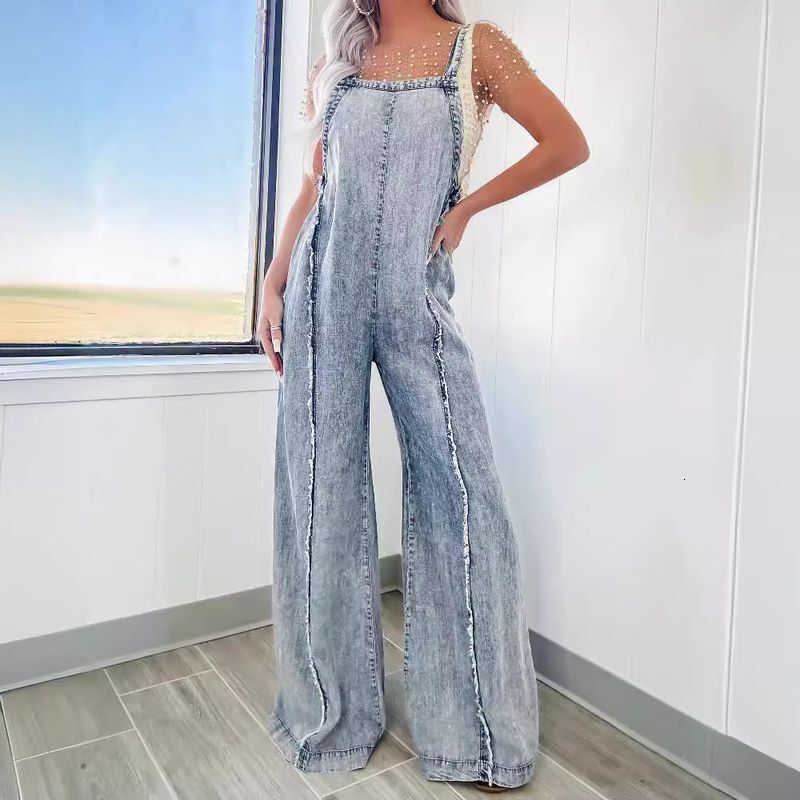 Womens Clothing Spring New Loose Overalls Women Retro Washed Raw Edge Wide Leg Jumpsuit
