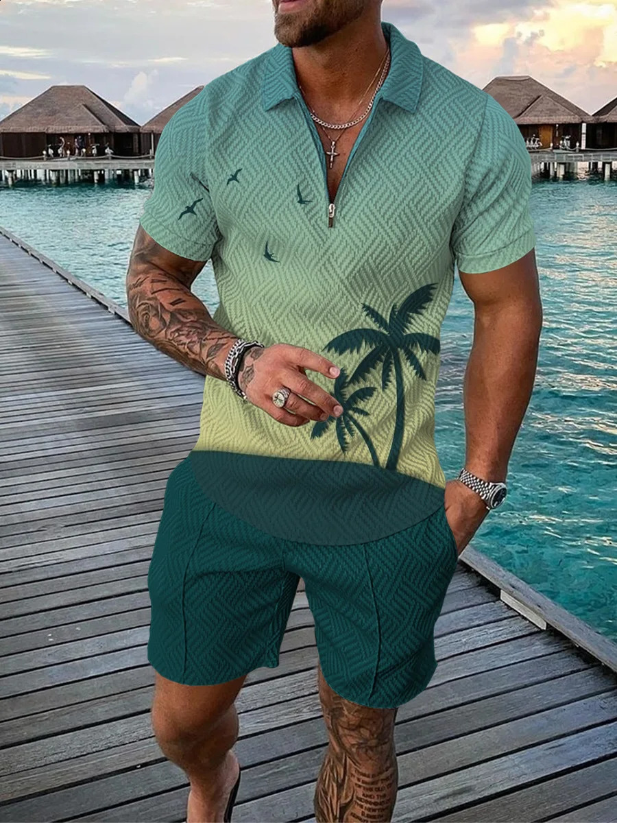 Hawaii 2-piece 3D Coconut Tree Printed Zipper Polo Shirt Short Sleeves and Shorts Casual Fashion Zipper Mens 2-piece Sportswear Set 250318