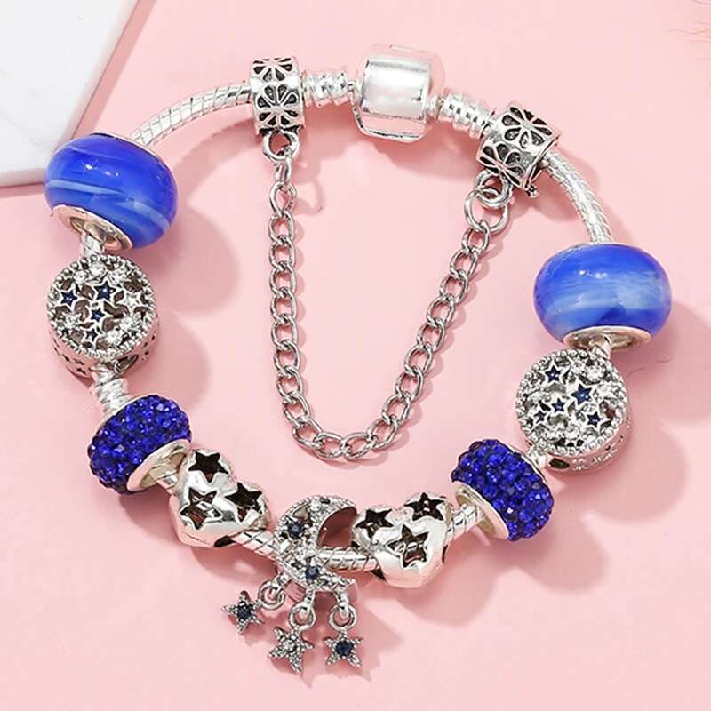 Silver Plated Blue Shinning Star Moon Charm Beads Bracelet With 16cm-21cm Snake Chain Bracelet Bangle DIY Jewelry Gift For Women