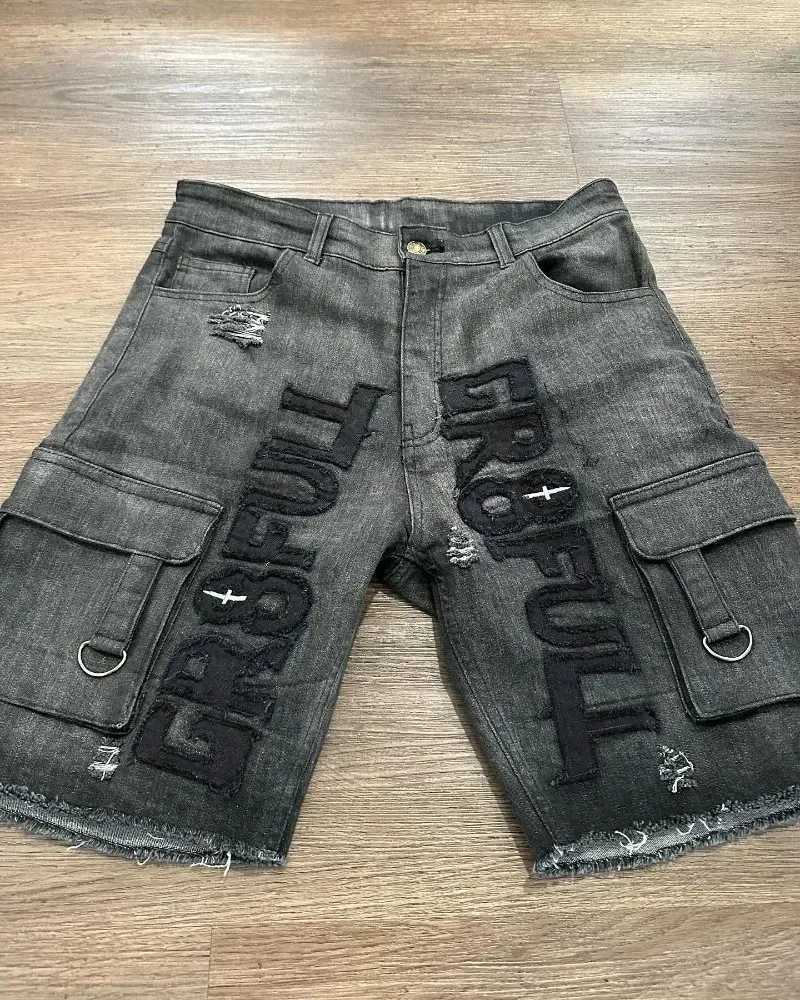 American New Retro Letter Embroidery Tooling Denim Shorts Trend Gothic Y2K Harajuku Hip-hop Loose Sports Shorts Street clothes W250319