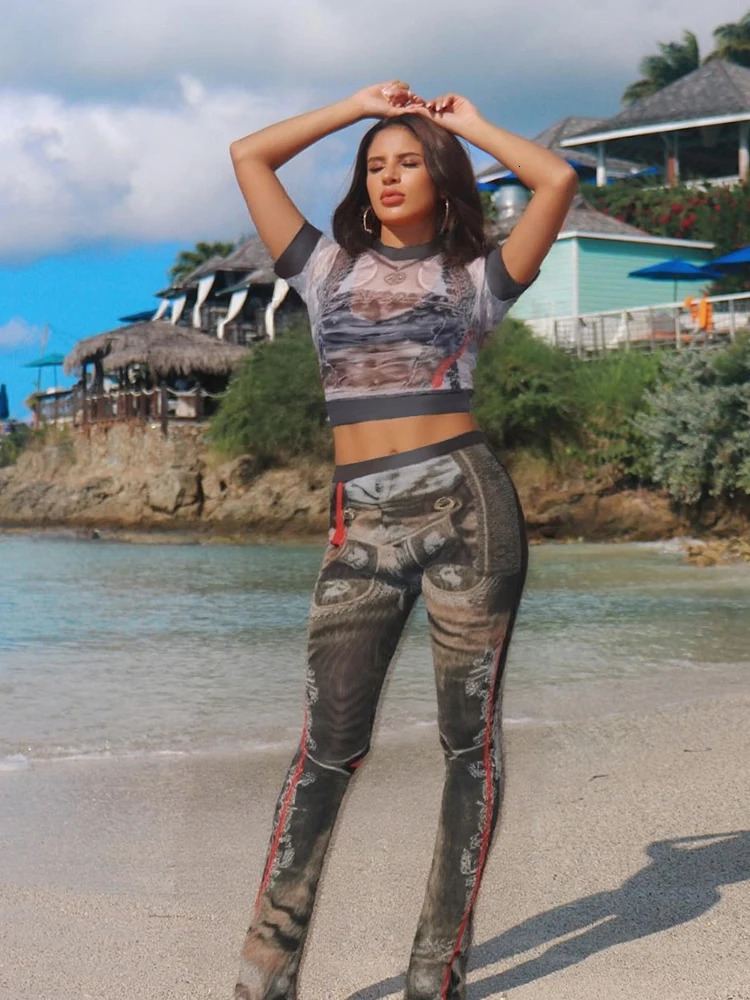 Weird Puss Sexy See Through 2 Piece Set Women Vintage Print Shorts Sleeve Crop TopsFlare Pants Matching Midnight Club Outfit 250320
