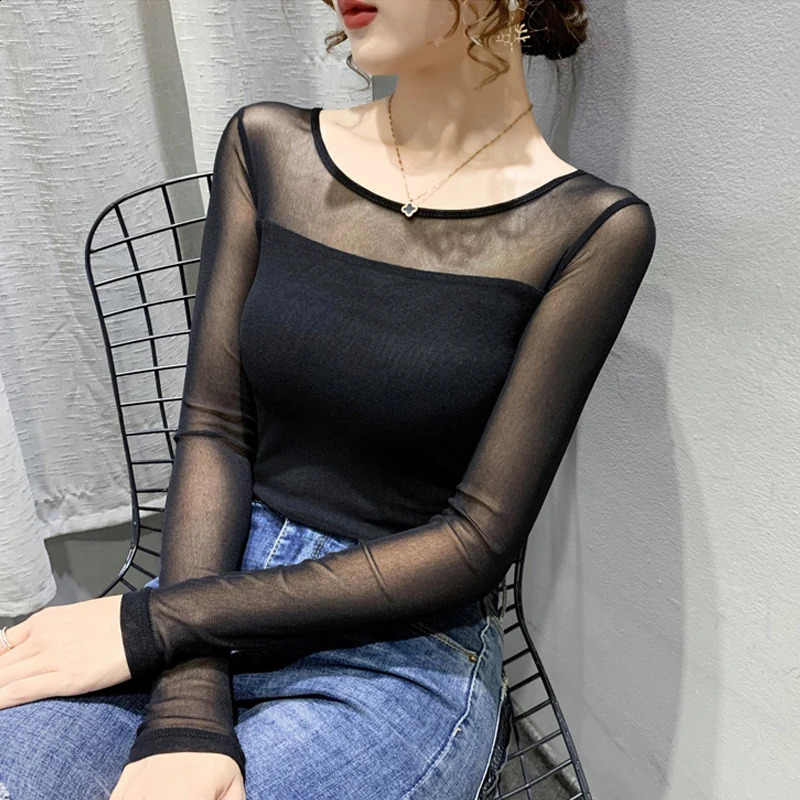Autumn and winter round neck T-shirt womens sexy mesh eyeline shirt long sleeved solid color slim fit long sleeved casual top 250314