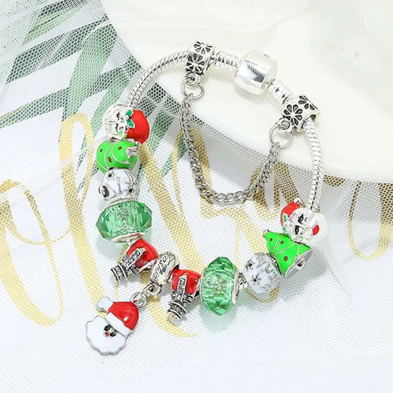 Christmas Series Santa Claus Beads & Pave Bracelet With Snake Chain Charm Bracelet Bangles For Women Girls Jewelry Dropshipping