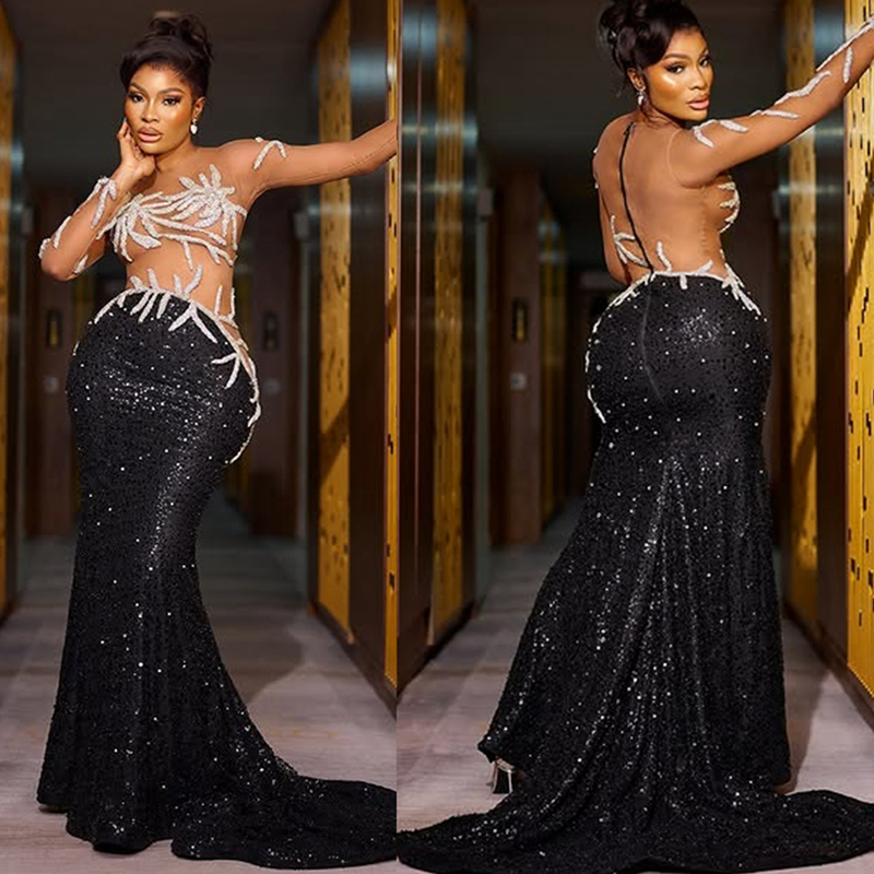 Aso Ebi Black Prom Dresses 2025 Mermaid Prom Dress For Special Occasions Sheer Neck Long Sleeves Illusion Beaded Lace Birthday Second Reception Gowns 