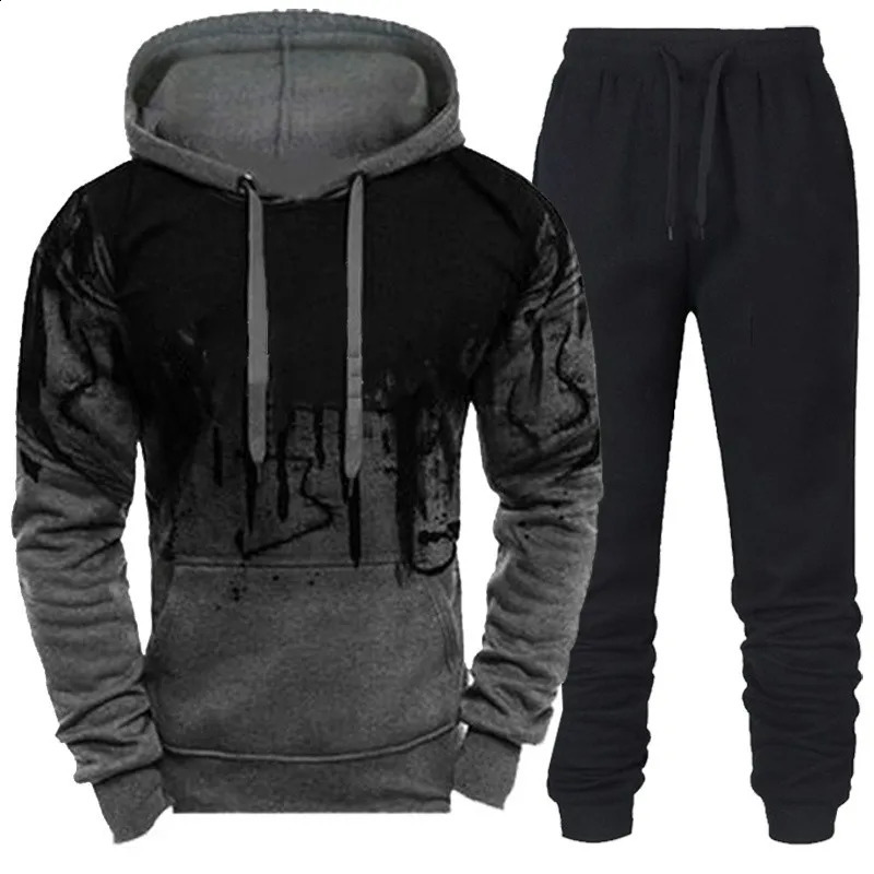 Autumn and winter trend tracking clothing mens camouflage hooded sweatshirtpants 2piece set sportswear wearing 3D ink jogging suit 250319