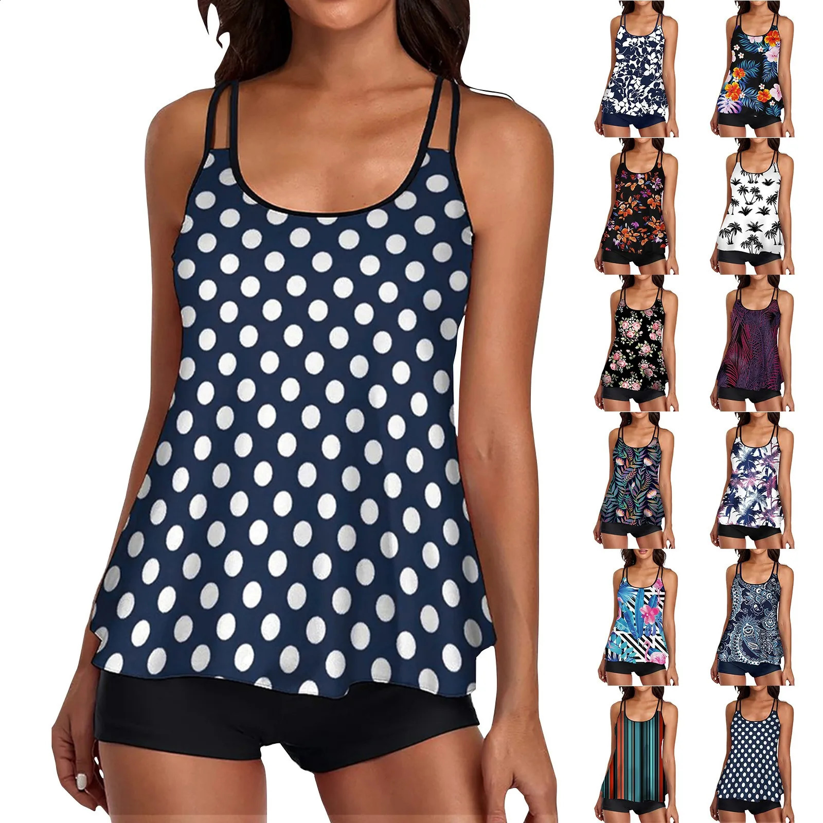 2024 2piece Womens Casual Tropical Printed Tankini Swimsuit Set with Adjustable Suspension and Elastic Shorts 250319