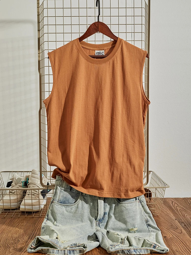 Summer American Retro Sleeveless Oneck Solid Color Tshirt Mens Fashion 100 Cotton Washed Casual Sports Tank Top 250319