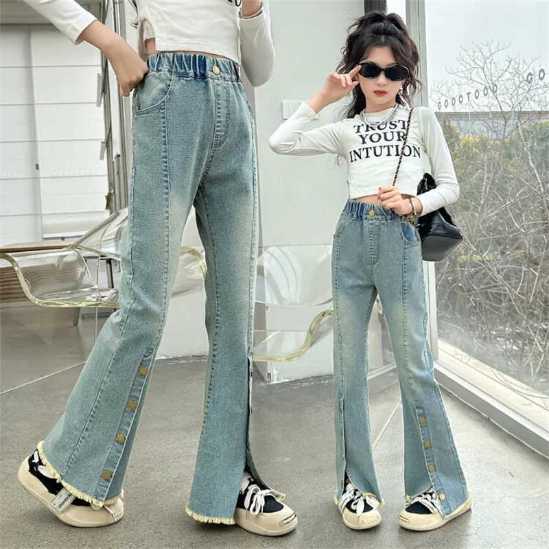 Girls 2024 new jeans childrens spring staple button slit flare pants 6-15 years oldT250326