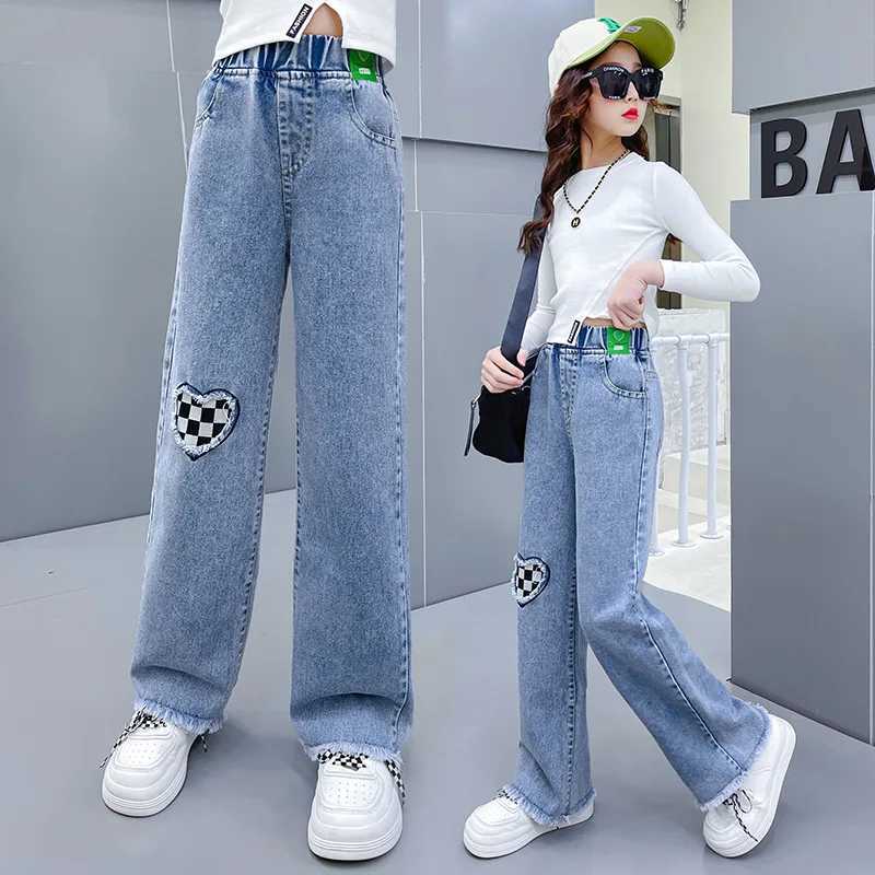 Spring Autumn New Children Girls Pants Denim Palid Sticker Elastic Waist Baby Girls Trousers Straight Versatile Kid Girls PantsT250326