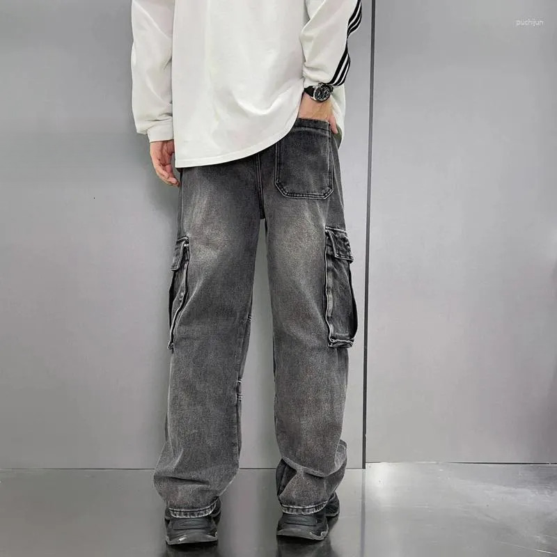 2025 S Fashion Designer Men S Jeans Hip Design Dark Grey Cargo Pants For Men Loosen Fit Wide Leg Spliced Denim Trousers