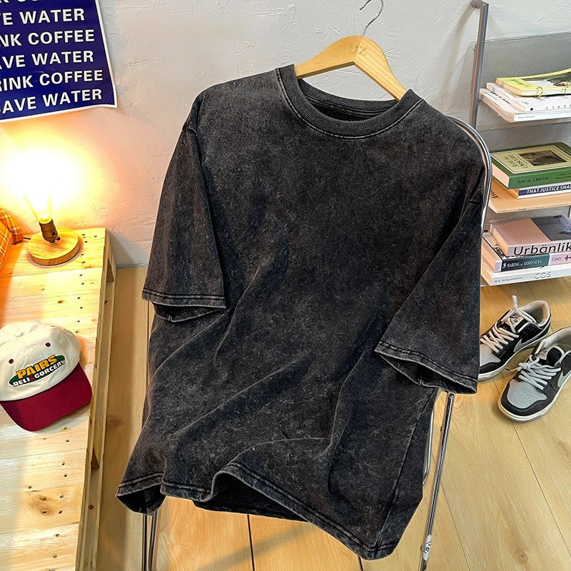 Vintage Snowflake Point Solid Color T-Shirts For Men Women 100% Cotton Short Sleeve Wash With Old Water Street Hip Hop Tee Shirt 250317