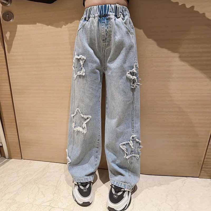 Girls jeans 2024 spring new adhesive fabric five point star wide leg pants childrens trend teenagers Trouser 8 10 12 years oldT250326