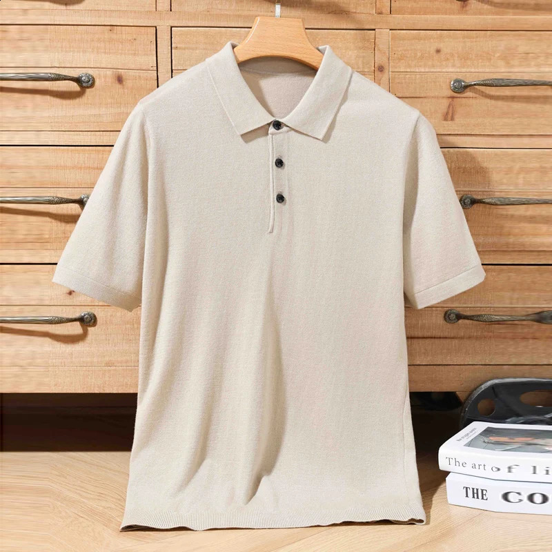 Mens Short Sleeved Polo Collar T-Shirt Wool Silk Tees Pullover Knitted Shirt Casual Tops Monochromatic Spring Summer 250317
