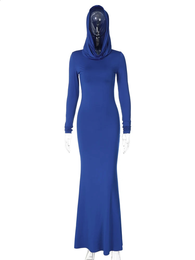 Hugcitar Fall Long Sleeve Hooded Solid Sexy Elegant Sexy Bodycon Slim Maxi Dress Women Clothing Party Streetwear Wholesale 250319