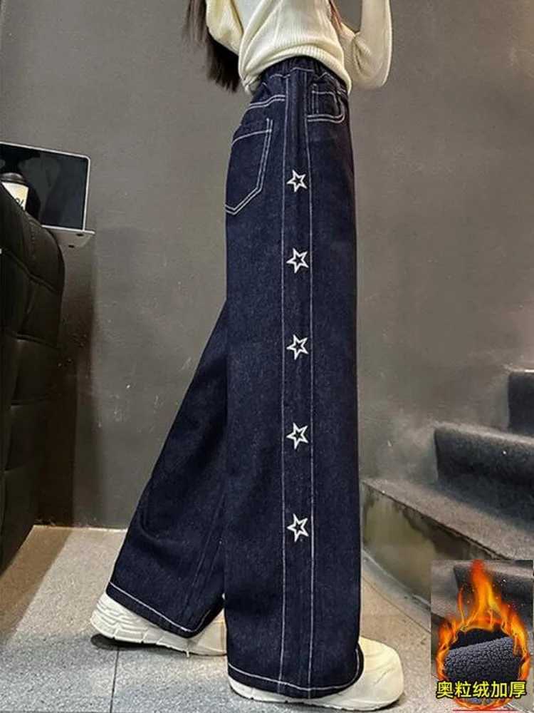 Girls Warm and Thick Jeans Autumn Winter Kids FIve Star Design Trousers Teen Childrens Fleece Lined Loose Wide-leg Denim PantsT250326