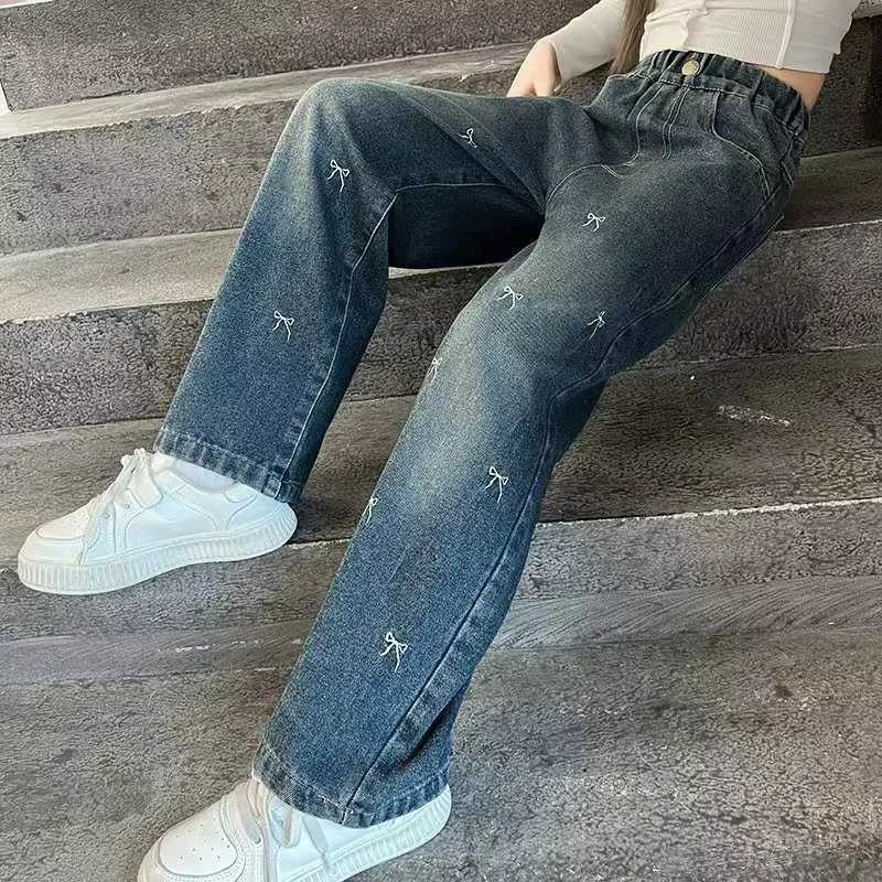 2025 Autumn Wide Leg Jeans for Girls Pants Kids Bow Embroidery Design Fashion Casual School Teenage Children Trousers 4-15YearsT250326