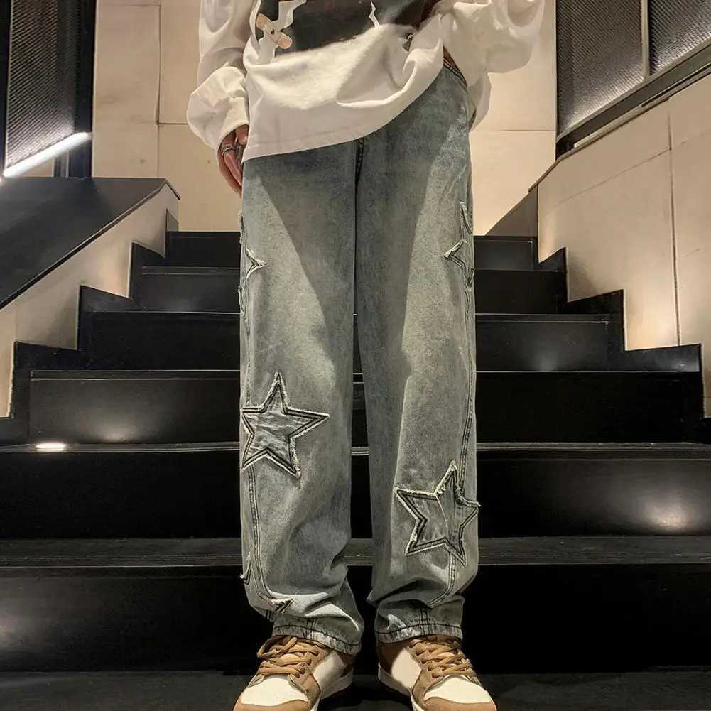 Retro mens Korean blue streetwear oversized celebrity aesthetics straight Trouser wide leg jeans Grunge denim pants womens clothingT250319