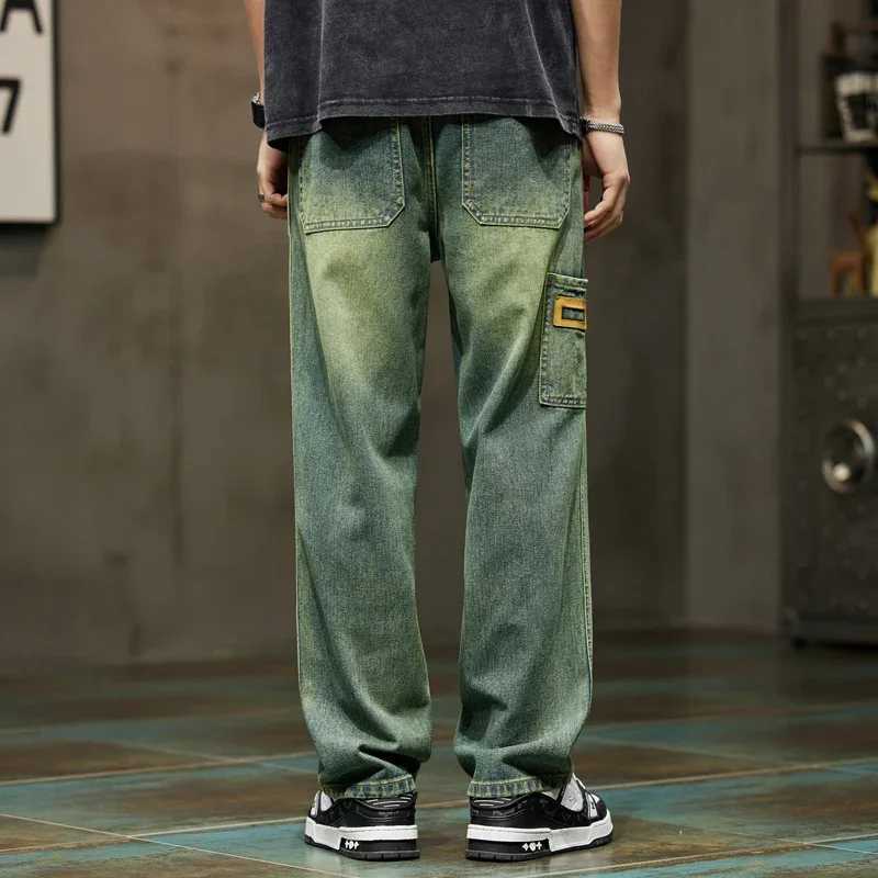 College boy loose casual pants retro blue street fashion patchwork jeans hiking wide leg pocket jeans brand mens clothingT250319