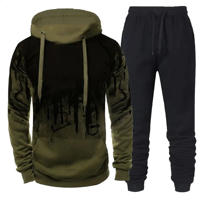 Autumn and winter trend tracking clothing mens camouflage hooded sweatshirtpants 2piece set sportswear wearing 3D ink jogging suit 250319