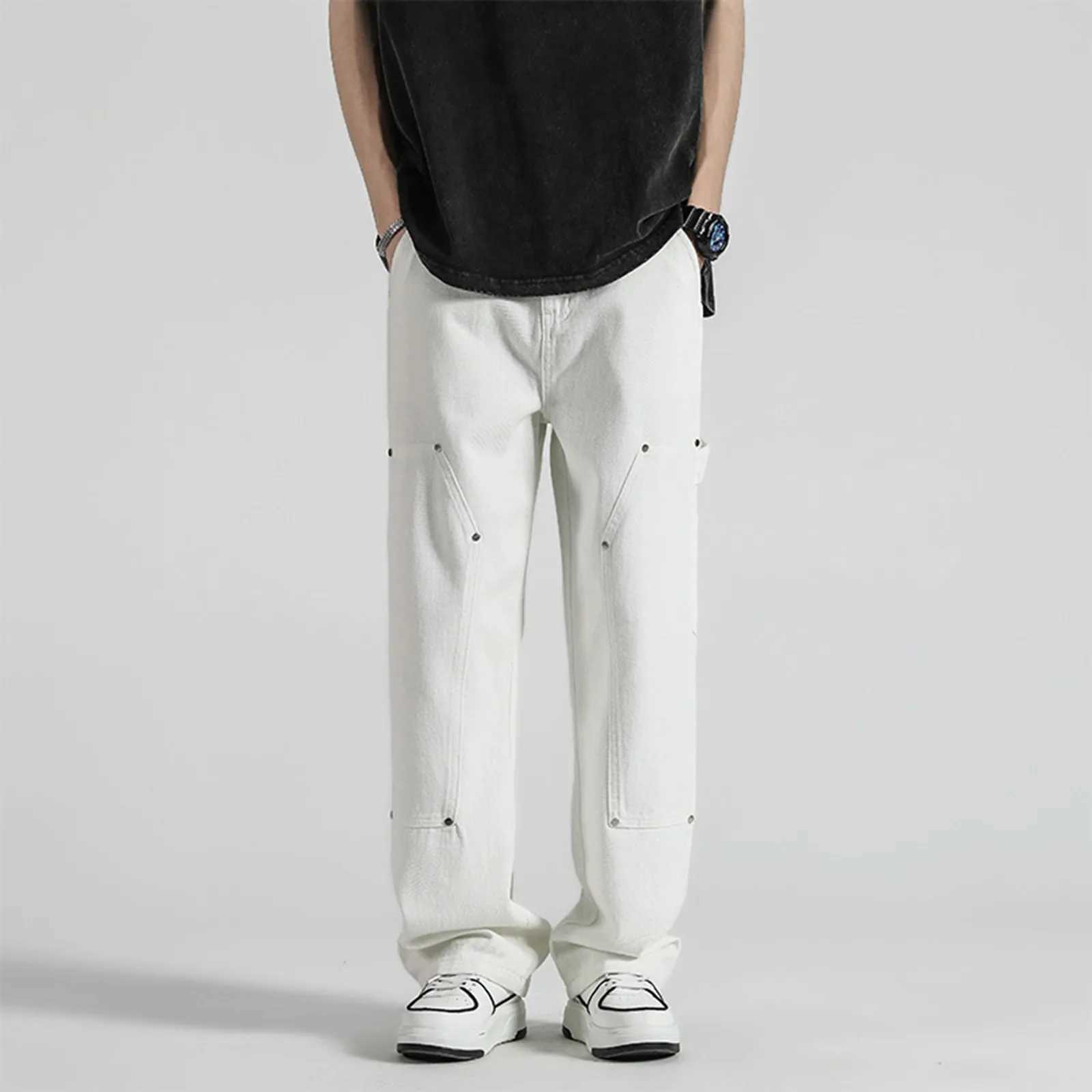 Korean popular clothing mens Gothic style oversized Y2k bagged jeans Japanese denim flange jeans straight wide pantsT250319