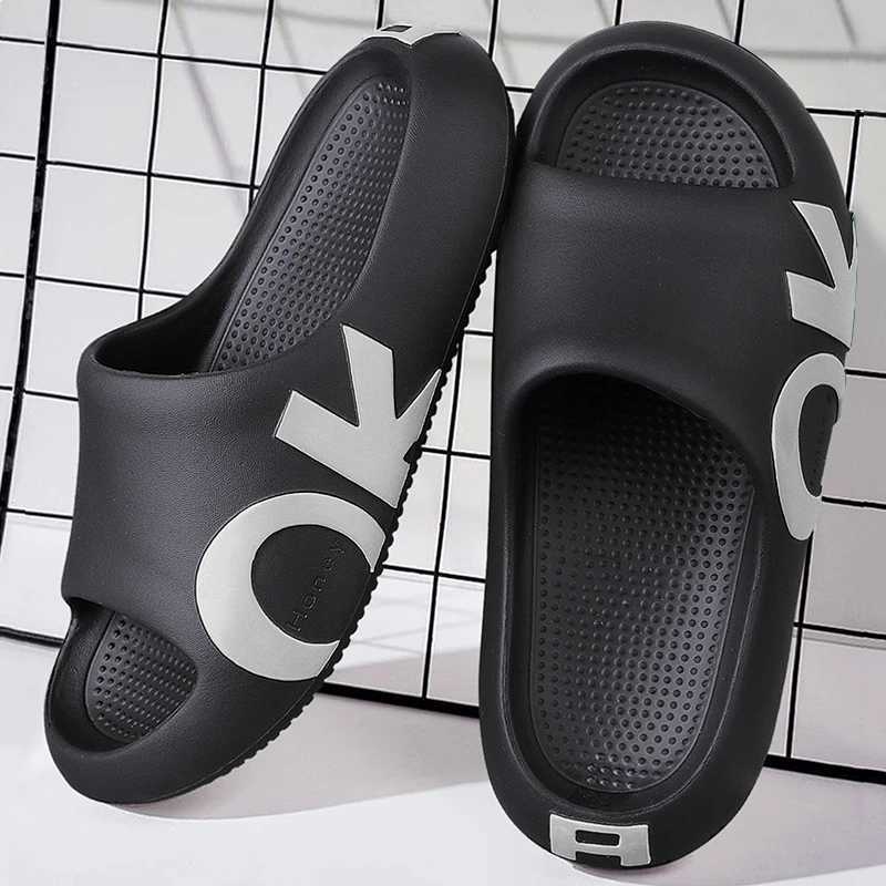 Mens sandals and sliders printed with letters casual and durable non slip open toe thick sole slider suitable for entry Y250320