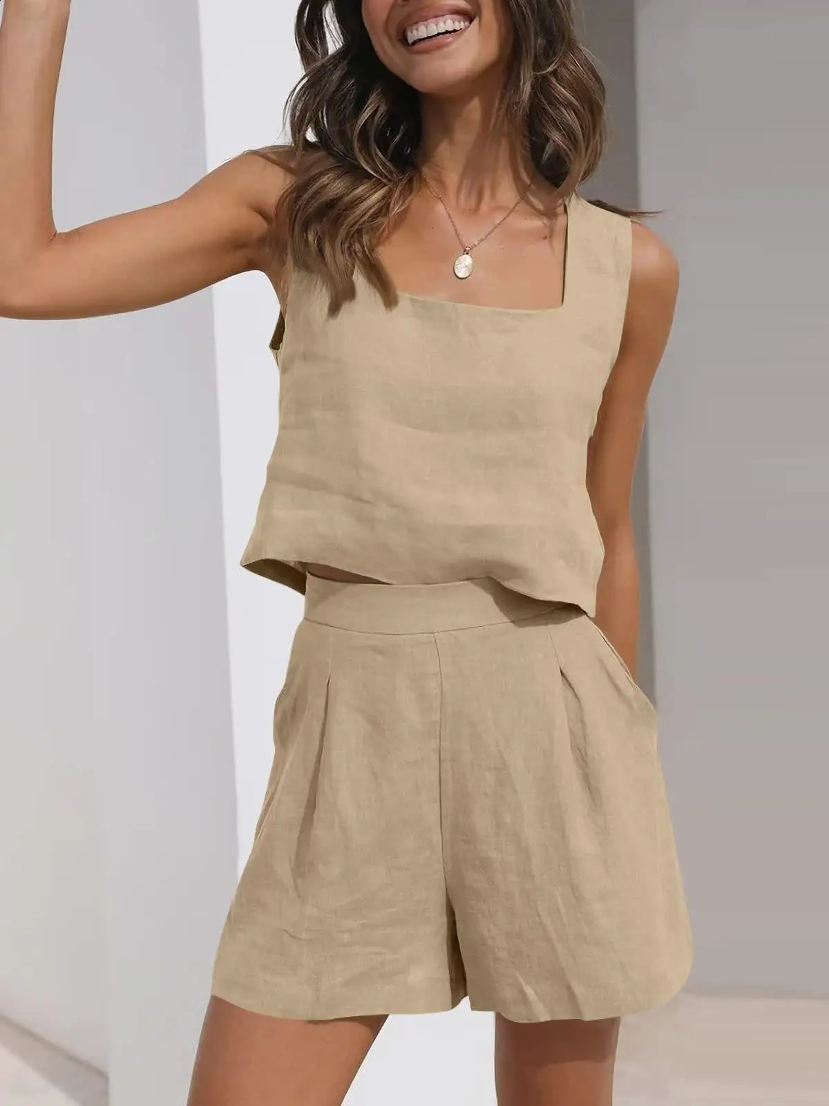 Casual womens casual vacation two-piece summer solid color sleeveless pocket pants set elegant wide leg vest set 250318